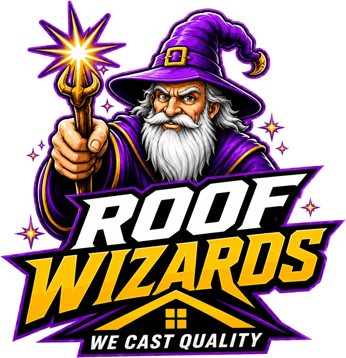 Roof Wizards logo with wizard mascot